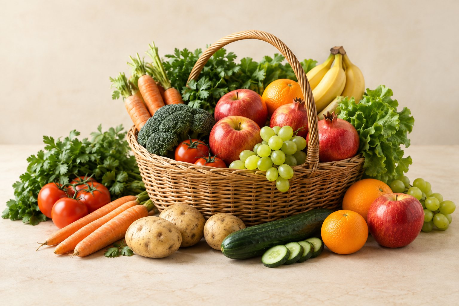 A basket of fresh apples, bananas, oranges and grapes with carrots, tomatoes, broccoli, potatoes and cucumber